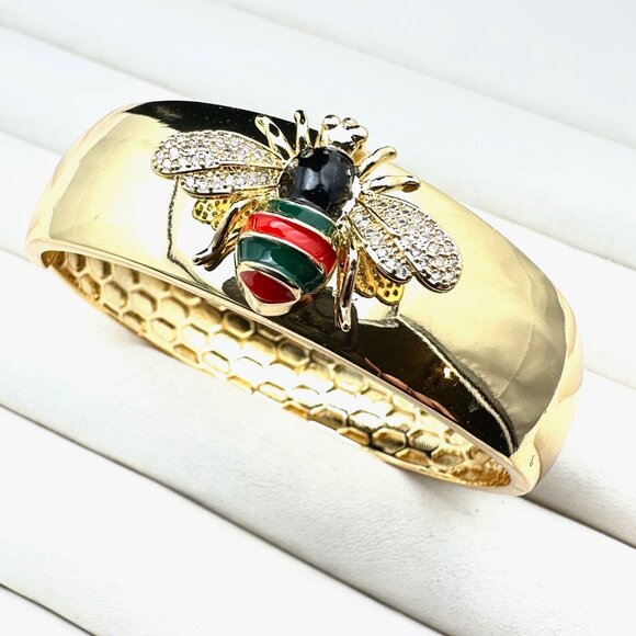 Bee Bracelet Clear Crystal Red Green Enamel Gold Plated Hinged Bangle 7 Inch - Picture 4 of 6